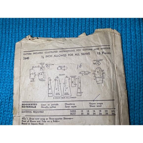 Advance pattern 2640 Dress 1940s fit and flare peplum size 16 - Picture 5 of 5